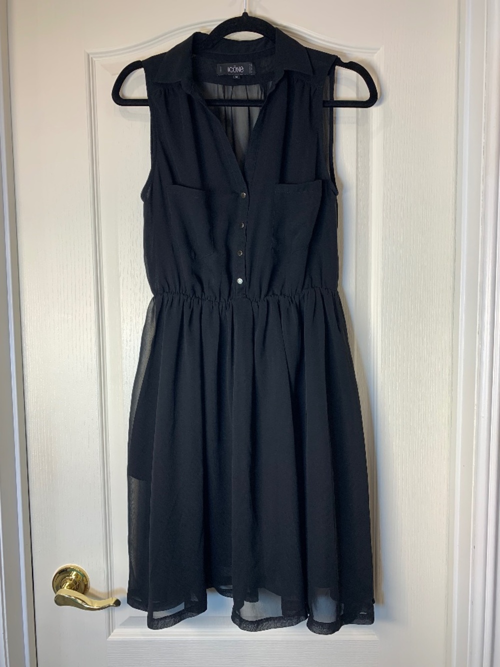 Icone by Simons Black Sleeveless Shirt Dress Size M Sheer Chiffon Pockets